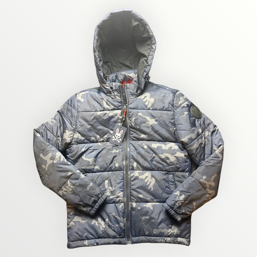 Psycho Bunny Mens Camo Hooded Puffer Jacket Blue Grey XS B6N809U1NL NEW